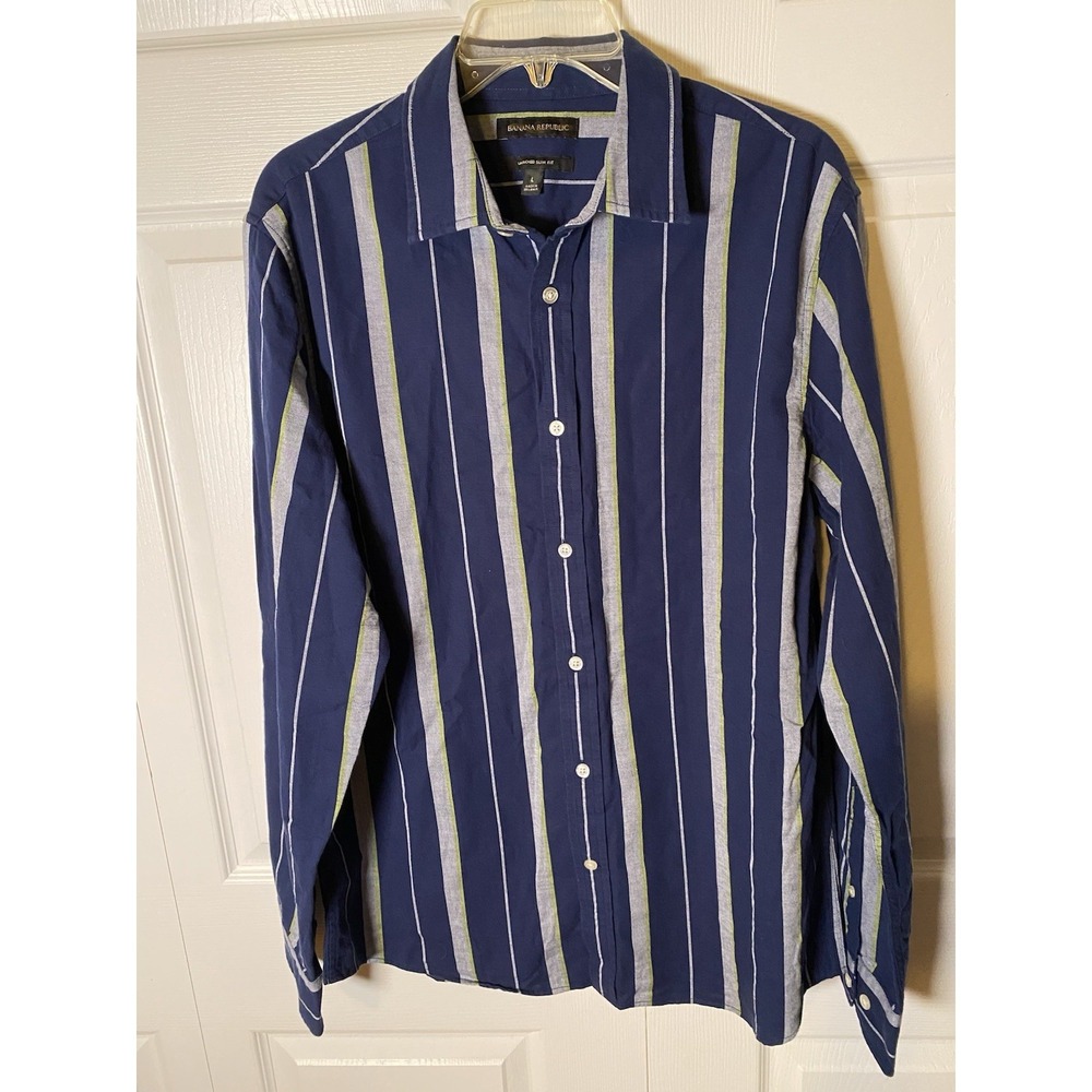 Banana Republic Untucked Slim Fit Striped Button-Up Shirt Blue Gray Green L